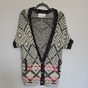 Carol Anderson Cream and Black Geometric Short-Sleeve Cardigan Size XXS Oversize